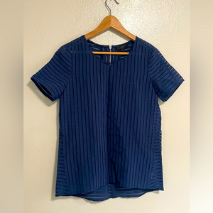 J.Crew Short Sleeve Top Blouse Striped See-Through Crewneck Back Zip Navy Size 2